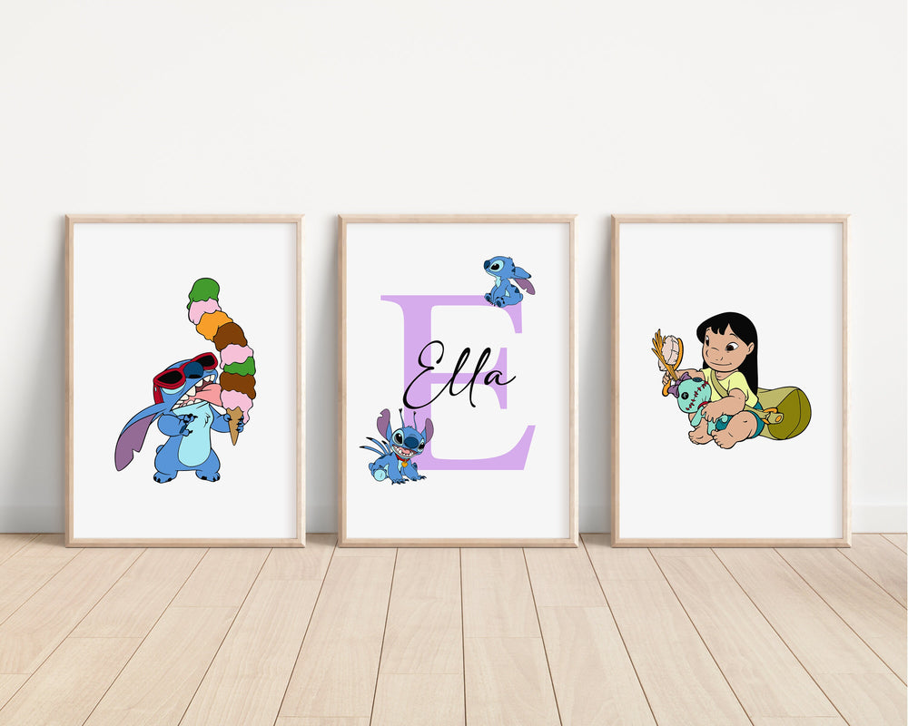 SET OF 3 Lilo & Stitch Personalised Print | Hawaii Ohana Alien Quote Bedroom Print Kids Children Nursery Bedroom Art Wall Disney Pixar