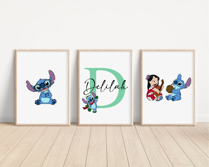 SET OF 3 Lilo & Stitch Personalised Print | Hawaii Ohana Alien Quote Bedroom Print Kids Children Nursery Bedroom Art Wall Disney Pixar