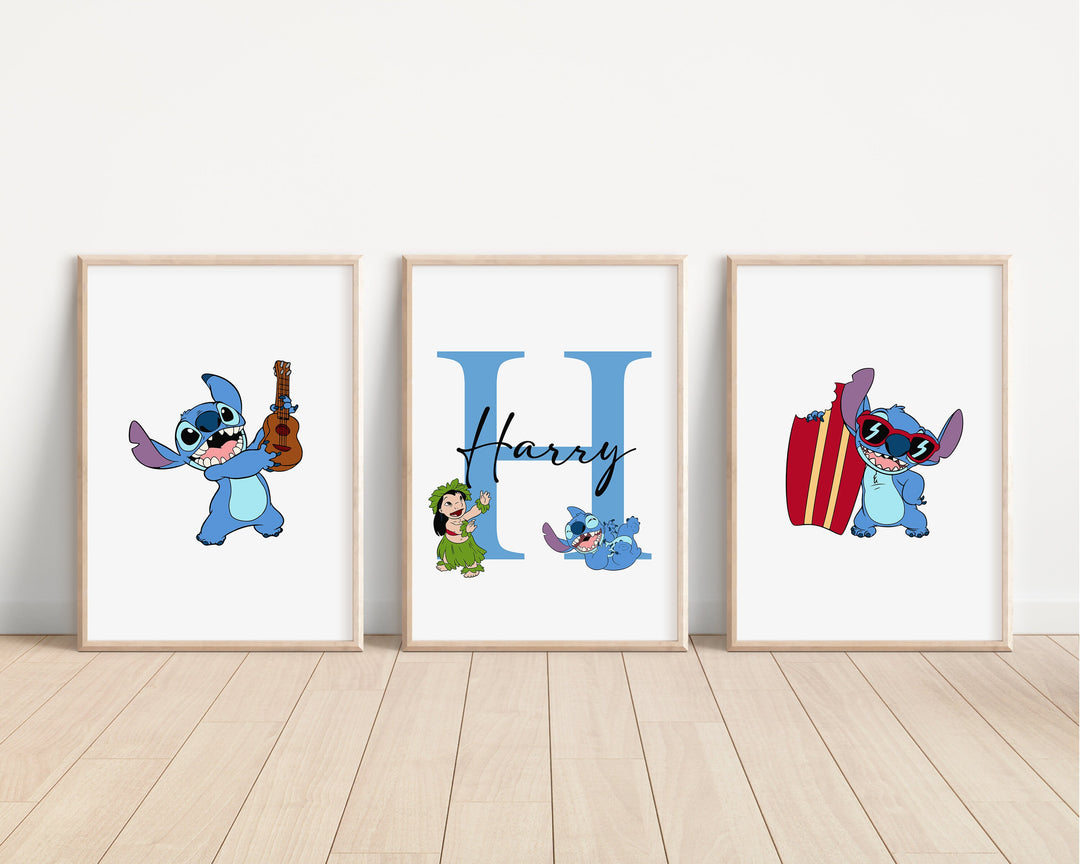 SET OF 3 Lilo & Stitch Personalised Print | Hawaii Ohana Alien Quote Bedroom Print Kids Children Nursery Bedroom Art Wall Disney Pixar