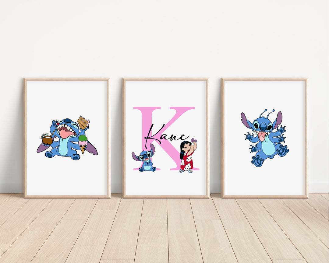 SET OF 3 Lilo & Stitch Personalised Print | Hawaii Ohana Alien Quote Bedroom Print Kids Children Nursery Bedroom Art Wall Disney Pixar