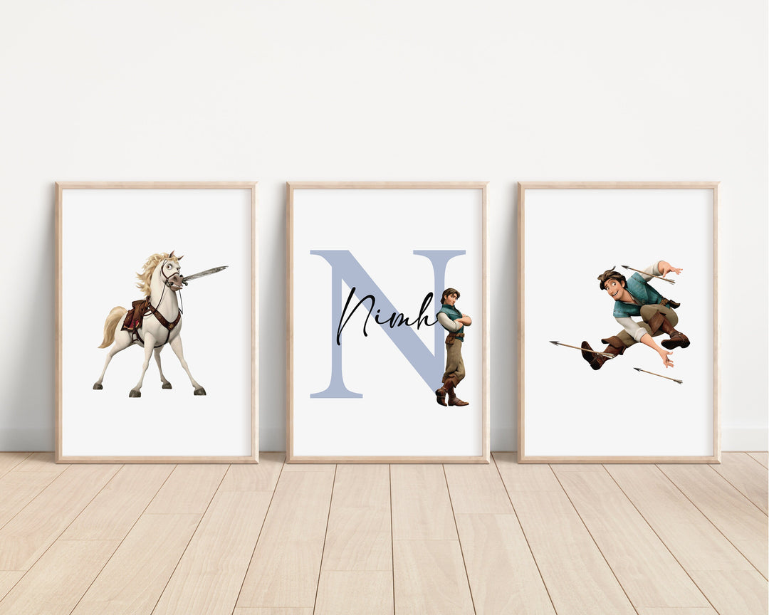 SET OF 3 Tangled Personalised Print | Rapunzel Flynn Rider Maximus Pascal Bedroom Print Princesses Nursery Bedroom Art Wall Disney Pixar