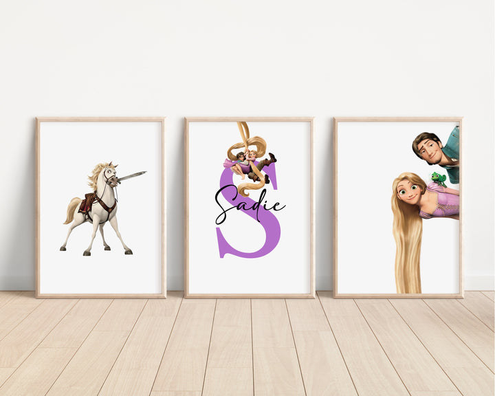 SET OF 3 Tangled Personalised Print | Rapunzel Flynn Rider Maximus Pascal Bedroom Print Princesses Nursery Bedroom Art Wall Disney Pixar