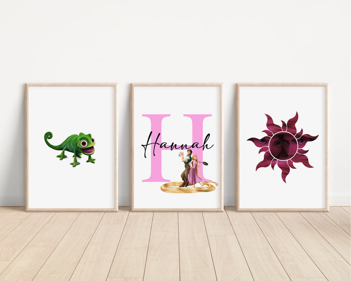 SET OF 3 Tangled Personalised Print | Rapunzel Flynn Rider Maximus Pascal Bedroom Print Princesses Nursery Bedroom Art Wall Disney Pixar