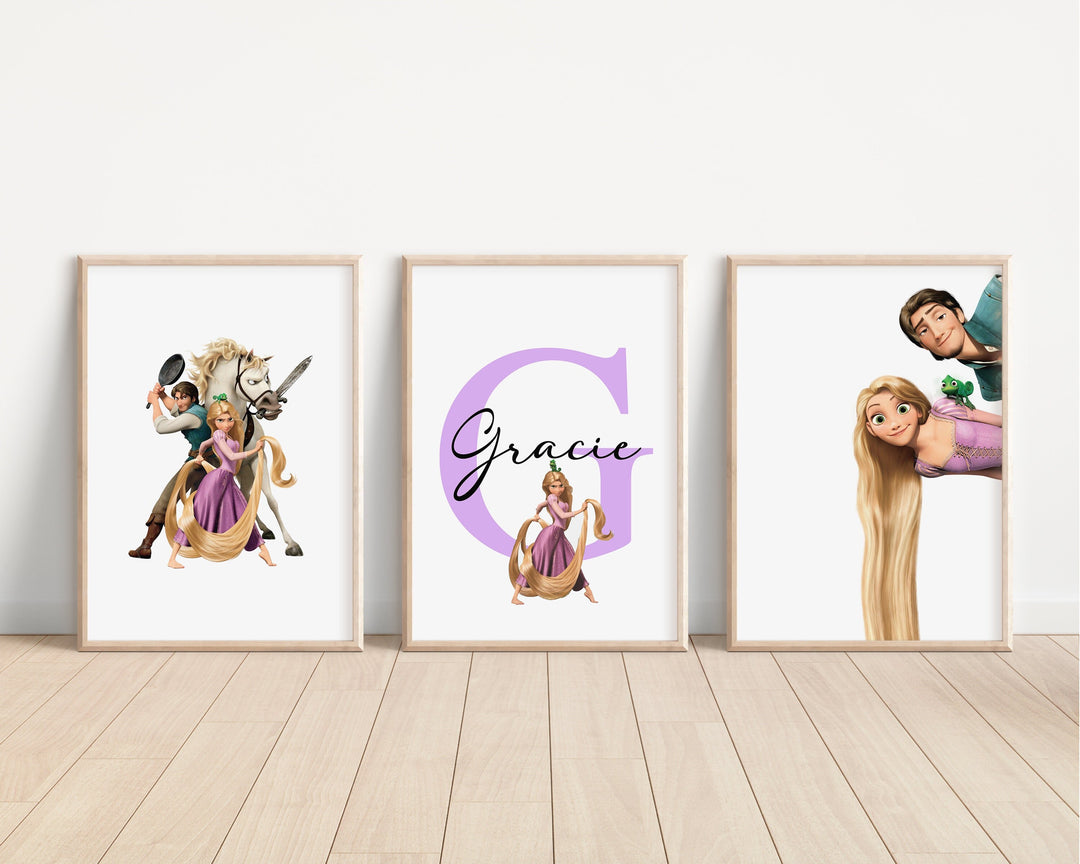 SET OF 3 Tangled Personalised Print | Rapunzel Flynn Rider Maximus Pascal Bedroom Print Princesses Nursery Bedroom Art Wall Disney Pixar