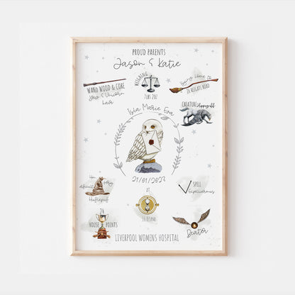 Harry Potter | Personalised The Day You Were Born Newborn Print Watercolour Bedroom Nursery Decor Gift Mothers Day Hedwig Hogwarts Wand