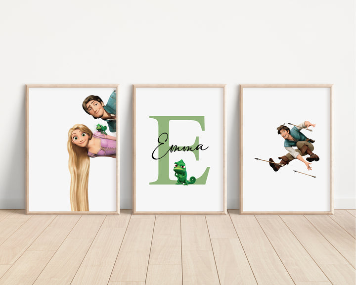 SET OF 3 Tangled Personalised Print | Rapunzel Flynn Rider Maximus Pascal Bedroom Print Princesses Nursery Bedroom Art Wall Disney Pixar