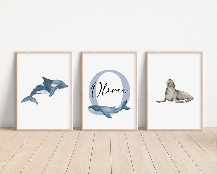 SET OF 3 Arctic Animals Personalised Print | Walrus Polar Bear Seal Orca Whale Owl Bedroom Print Kids Children Nursery Bedroom Art Wall