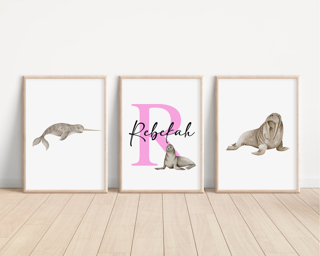 SET OF 3 Arctic Animals Personalised Print | Walrus Polar Bear Seal Orca Whale Owl Bedroom Print Kids Children Nursery Bedroom Art Wall