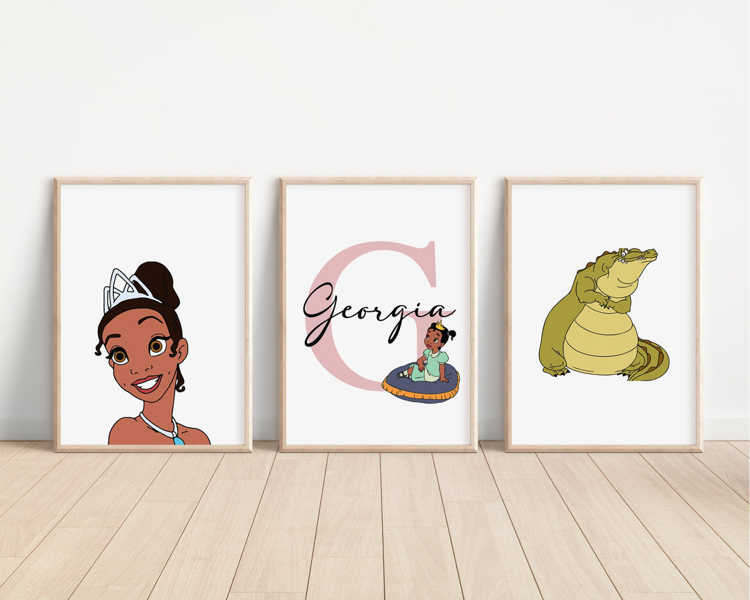 SET OF 3 Princess and the Frog Personalised Print | Tiana Ray Louis Princess Print Kids Children Nursery Bedroom Art Wall Disney Pixar