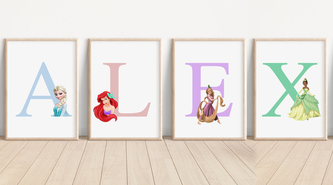 Disney Princesses Personalised Print |Tiana Rapunzel Anna Elsa Ariel Belle Aurora Bedroom Children Nursery Bedroom Art Wall Disney Pixar