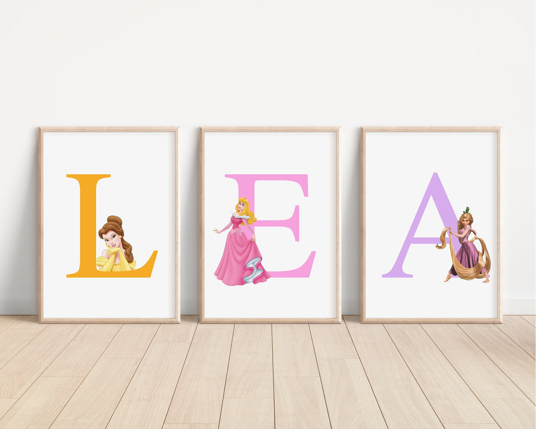 Disney Princesses Personalised Print |Tiana Rapunzel Anna Elsa Ariel Belle Aurora Bedroom Children Nursery Bedroom Art Wall Disney Pixar