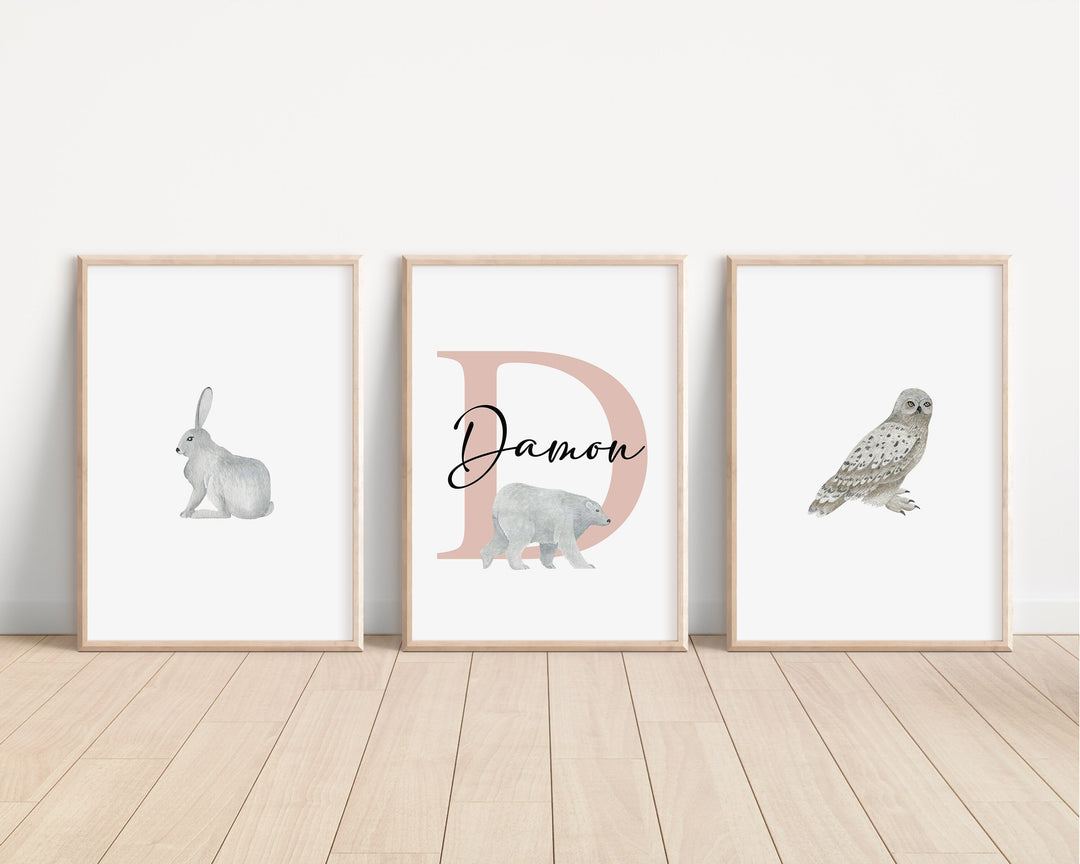 SET OF 3 Arctic Animals Personalised Print | Walrus Polar Bear Seal Orca Whale Owl Bedroom Print Kids Children Nursery Bedroom Art Wall