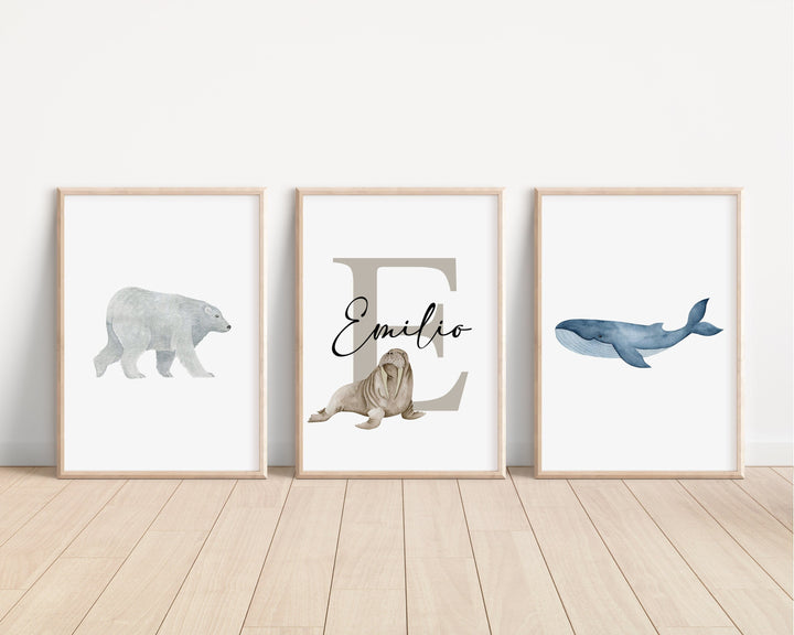 SET OF 3 Arctic Animals Personalised Print | Walrus Polar Bear Seal Orca Whale Owl Bedroom Print Kids Children Nursery Bedroom Art Wall