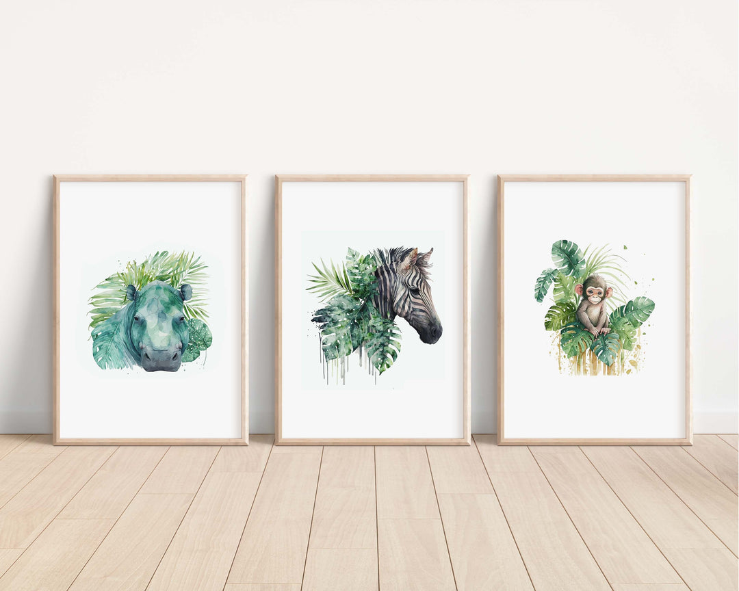 Safari Animals Prints | Kids Nursery Bedroom Decor Lion Elephant Hippo Giraffe Monkey Safari Jungle Wild Baby Newborn Decor Art Watercolour