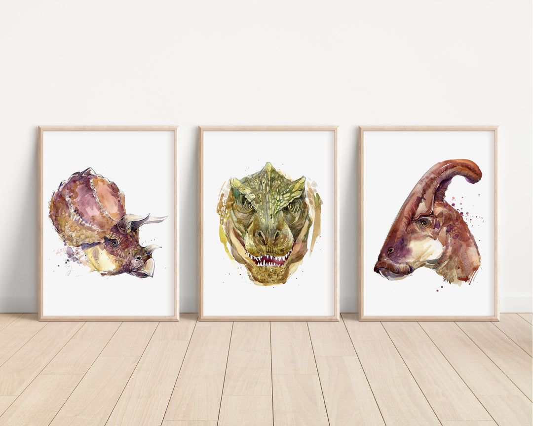 Dinosaur Prints | Watercolour Triceratops Tyrannosaurus Rex Parasaurolophus Stegosaurus Jurassic Park Decor Prehistoric Kids Nursery Art