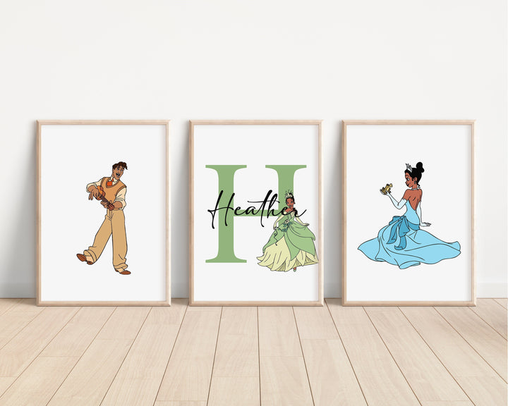 SET OF 3 Princess and the Frog Personalised Print | Tiana Ray Louis Princess Print Kids Children Nursery Bedroom Art Wall Disney Pixar