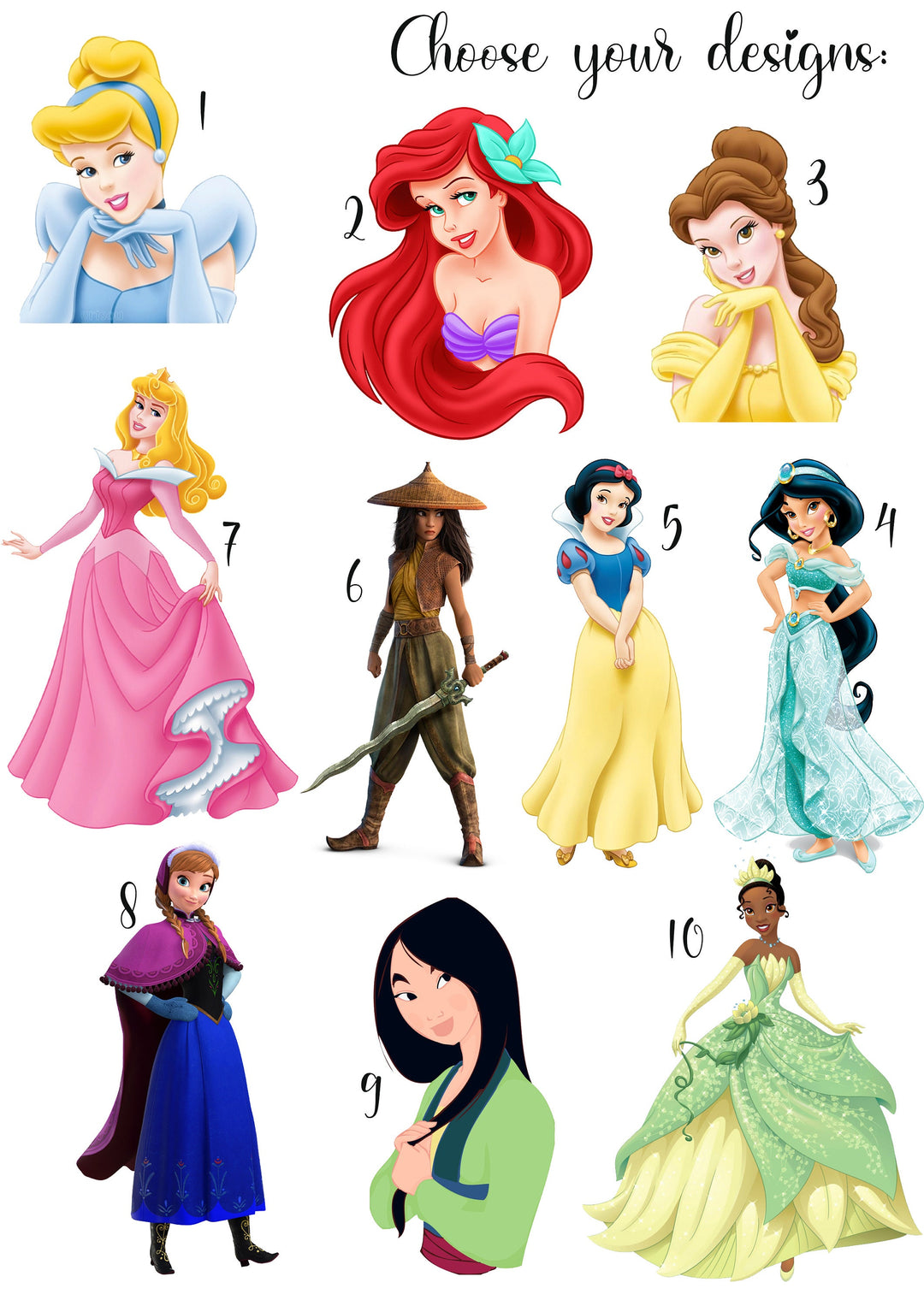 Disney Princesses Personalised Print |Tiana Rapunzel Anna Elsa Ariel Belle Aurora Bedroom Children Nursery Bedroom Art Wall Disney Pixar