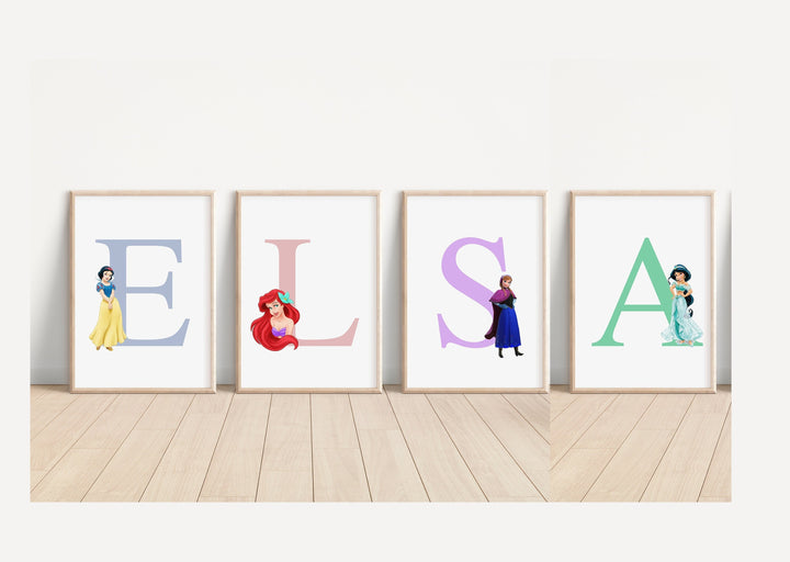 Disney Princesses Personalised Print |Tiana Rapunzel Anna Elsa Ariel Belle Aurora Bedroom Children Nursery Bedroom Art Wall Disney Pixar