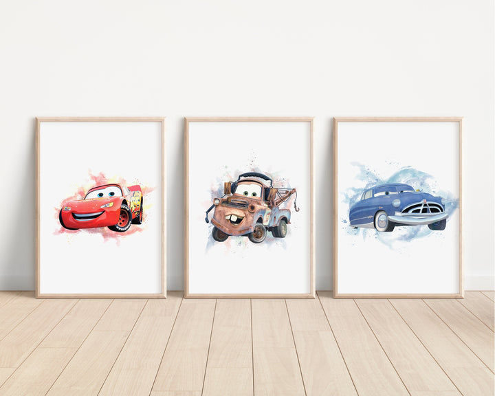 Cars Prints | Watercolour Lightning McQueen Mater Sally Doc Hudson Guido Bedroom Kids Children Nursery Bedroom Art Wall Disney Pixar