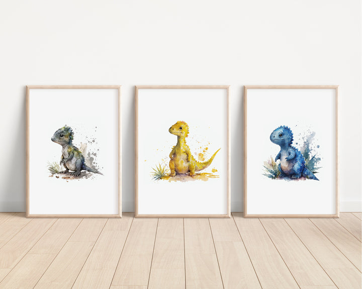 Baby Dinosaur Prints | Kids Nursery Bedroom Decor Tyrannosaurus Rex Jurassic Park Prehistoric Fossils Stegosaurus Velociraptor Watercolour