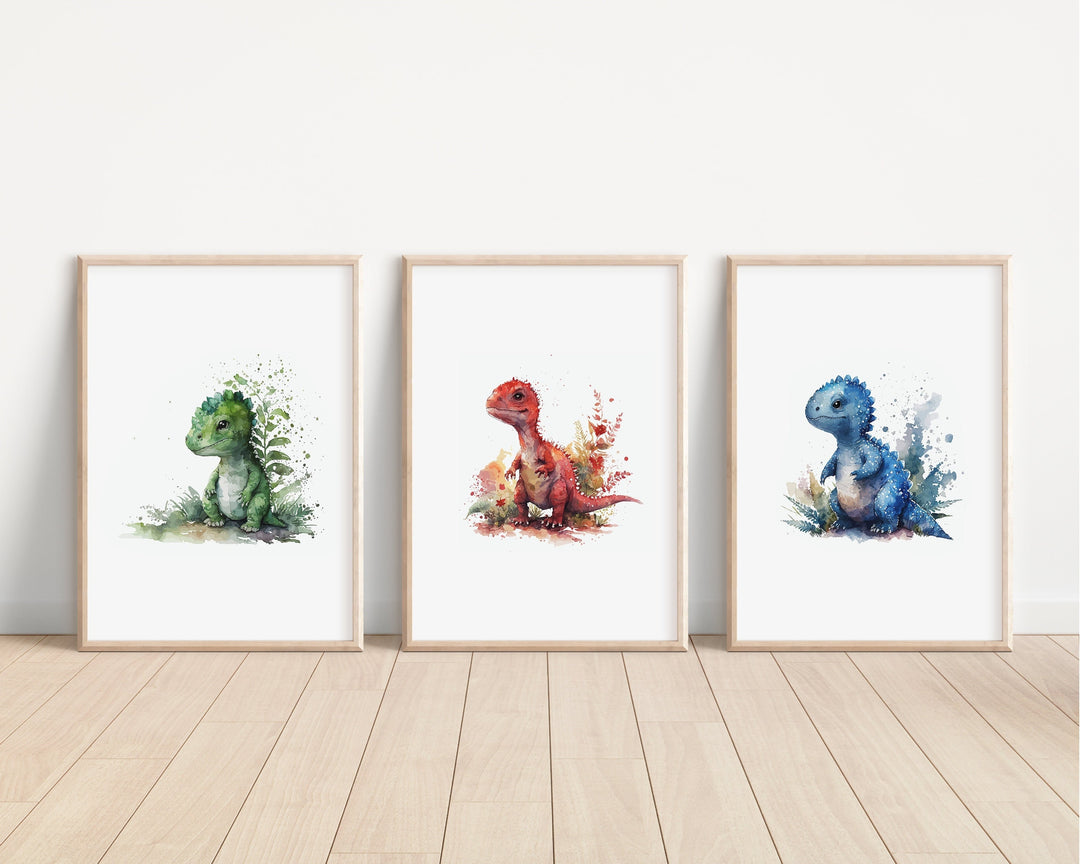 Baby Dinosaur Prints | Kids Nursery Bedroom Decor Tyrannosaurus Rex Jurassic Park Prehistoric Fossils Stegosaurus Velociraptor Watercolour