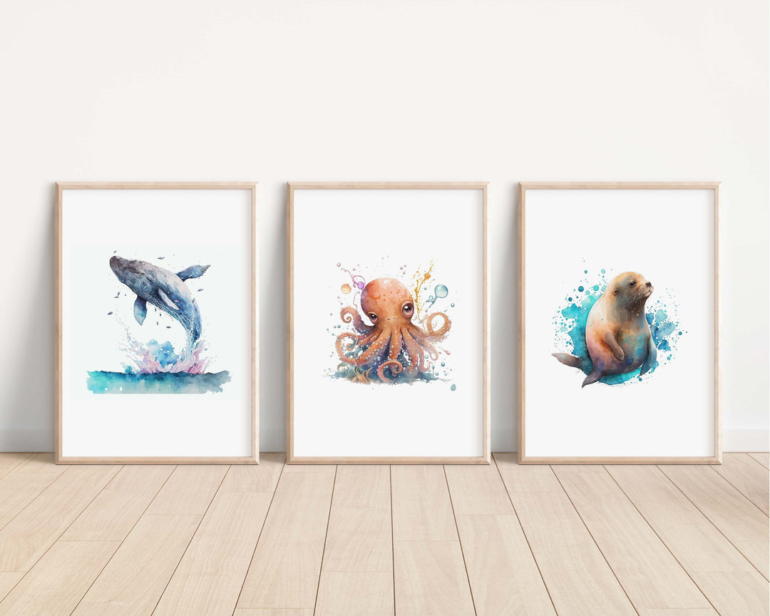 Ocean Animals Prints | Kids Nursery Bedroom Decor Whale Humpback Octopus Seal Jellyfish Marine Life Wild Baby Newborn Decor Art Watercolour