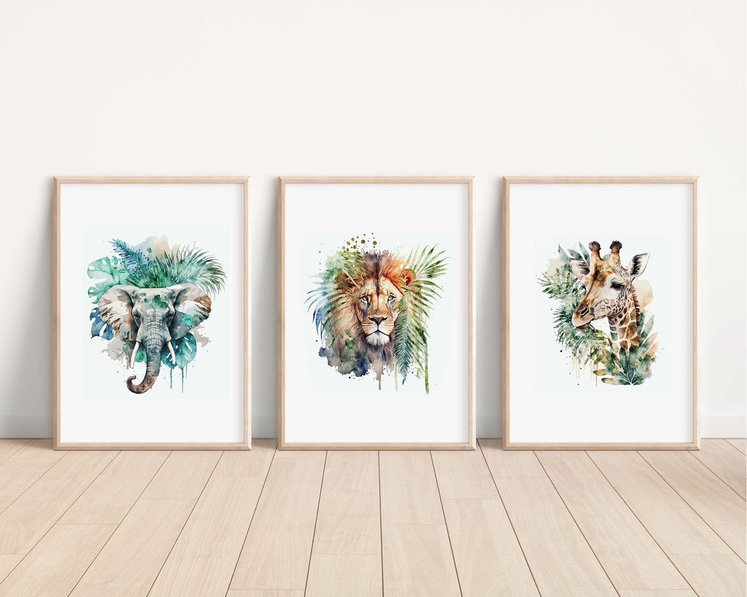 Safari Animals Prints | Kids Nursery Bedroom Decor Lion Elephant Hippo Giraffe Monkey Safari Jungle Wild Baby Newborn Decor Art Watercolour