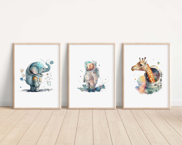 Space Animals Prints | Kids Nursery Bedroom Decor Elephant Giraffe Bear Universe Astronaut Wild Baby Newborn Decor Art Watercolour