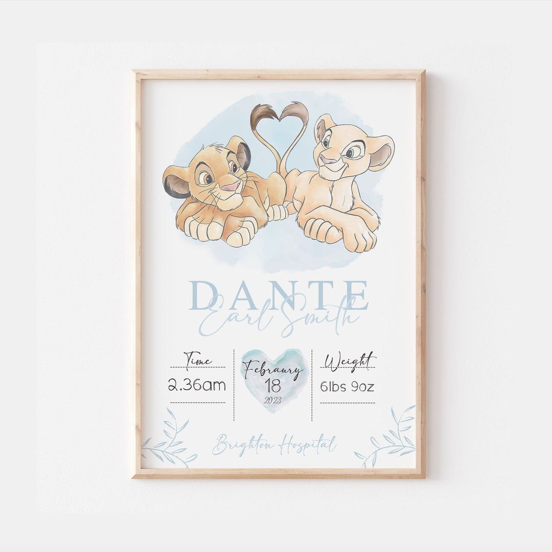 Personalised The Day You Were Born | Simba Nala Disney Newborn Print Watercolour Bedroom Nursery Decor Baby Gift Baby Shower Lion King