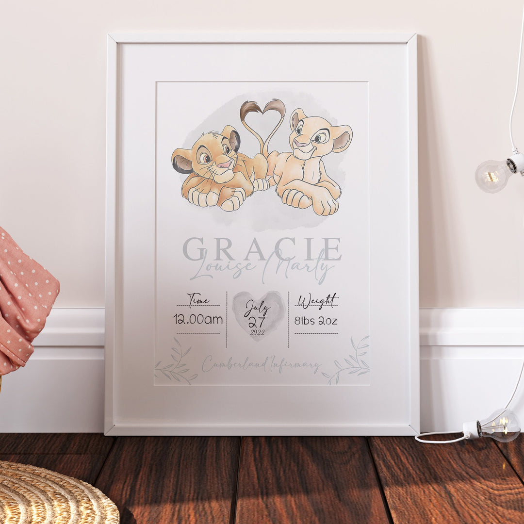 Personalised The Day You Were Born | Simba Nala Disney Newborn Print Watercolour Bedroom Nursery Decor Baby Gift Baby Shower Lion King