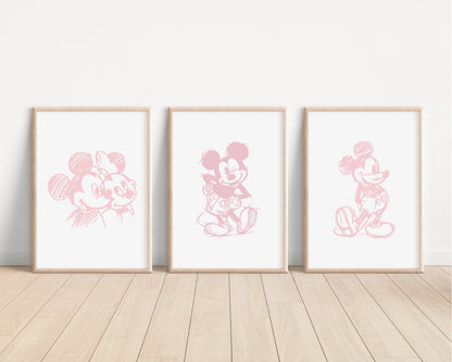 SET OF 3 Mickey Mouse Prints | Minnie Disneyland World Sketch Bedroom Kids Children Nursery Bedroom Art Wall Disney Newborn Baby Decor Pixar