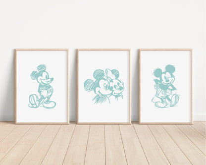 SET OF 3 Mickey Mouse Prints | Minnie Disneyland World Sketch Bedroom Kids Children Nursery Bedroom Art Wall Disney Newborn Baby Decor Pixar