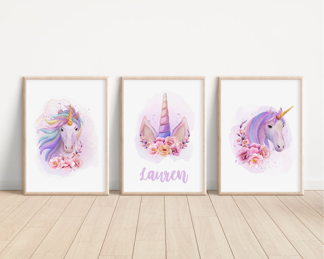 SET OF 3 Unicorn Personalised Print | Magical Flower Horn Myth Creatures Bedroom Print Kids Children Nursery Bedroom Art Wall Disney Pixar