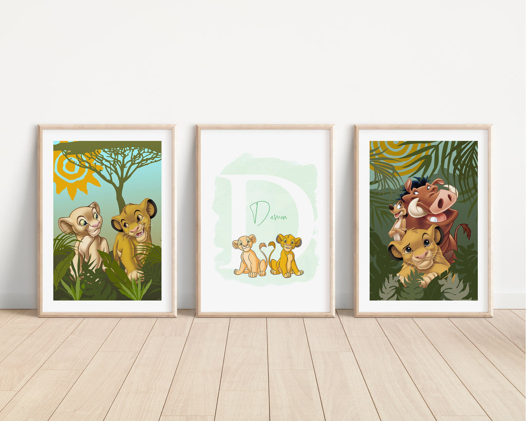 SET OF 3 The Lion King Personalised Prints | Simba and Nala | Kids Children Babies Bedroom Decor | Nursery Bedroom Art Pixar Disney Decor