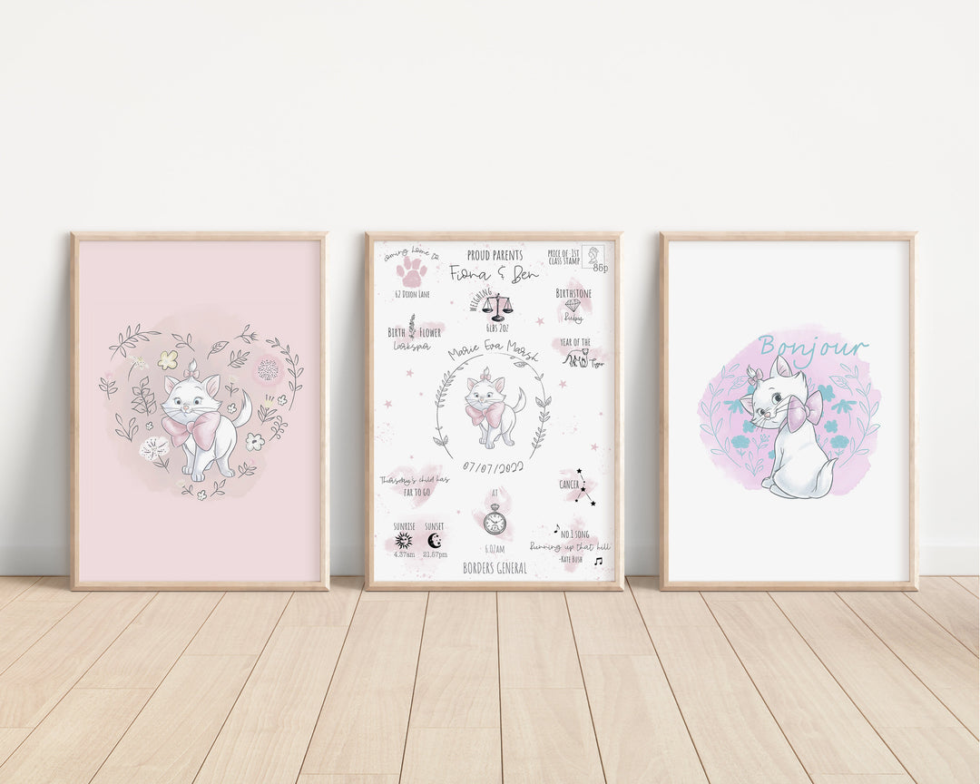 SET OF 3 Personalised Marie Prints | Aristocats The Day You Were Born Chart Newborn Print Disney Pixar Gift Bedroom Nursery Decor Baby Gift