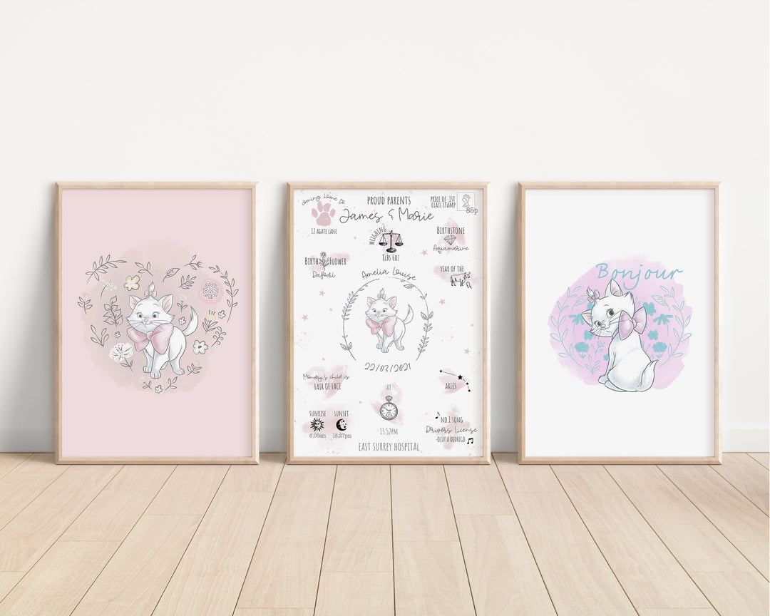 SET OF 3 Personalised Marie Prints | Aristocats The Day You Were Born Chart Newborn Print Disney Pixar Gift Bedroom Nursery Decor Baby Gift