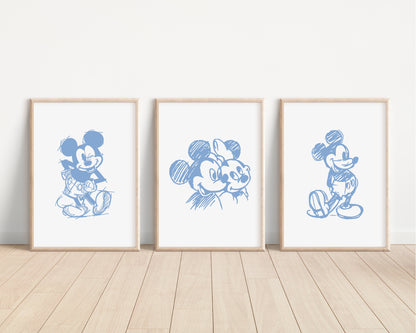 SET OF 3 Mickey Mouse Prints | Minnie Disneyland World Sketch Bedroom Kids Children Nursery Bedroom Art Wall Disney Newborn Baby Decor Pixar