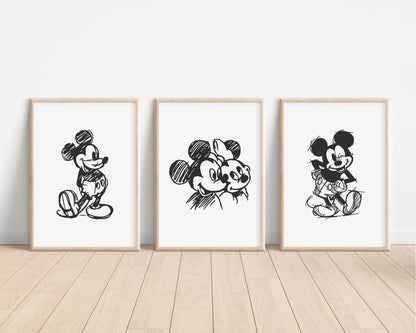 SET OF 3 Mickey Mouse Prints | Minnie Disneyland World Sketch Bedroom Kids Children Nursery Bedroom Art Wall Disney Newborn Baby Decor Pixar