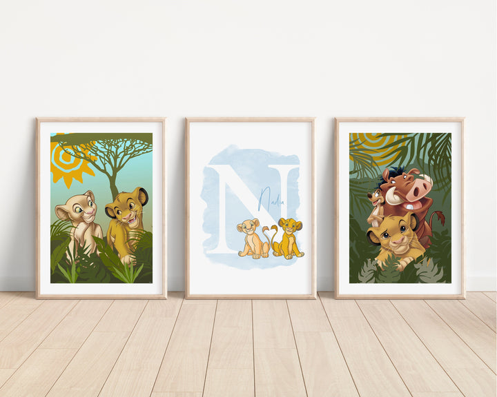 SET OF 3 The Lion King Personalised Prints | Simba and Nala | Kids Children Babies Bedroom Decor | Nursery Bedroom Art Pixar Disney Decor