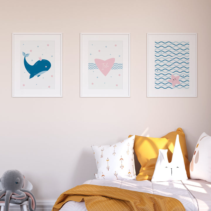 SET OF 3 Princess Whale Personalised Prints | Ocean Marine Starfish Pink Sea Scandi Bedroom Print Kids Children Nursery Bedroom Art Wall