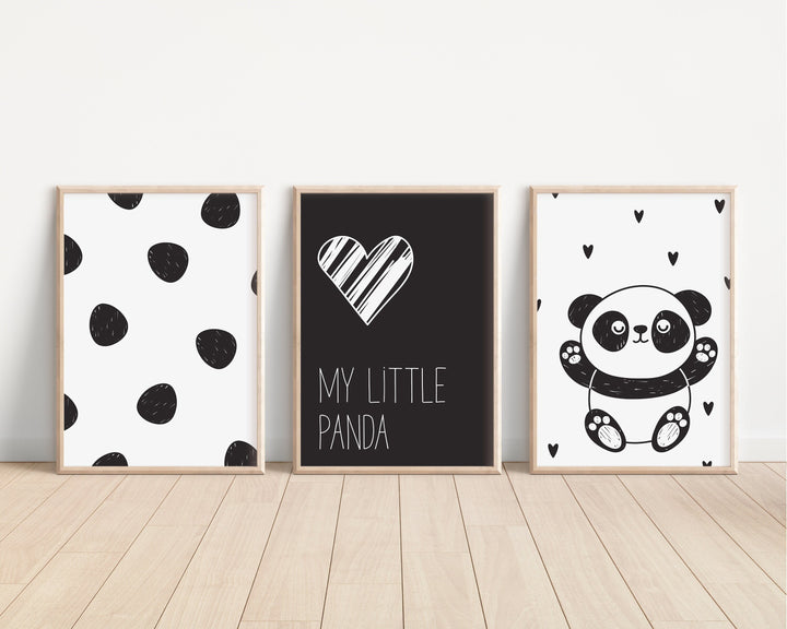 SET OF 3 Panda Prints | My Little Panda Happy Cute Scandi Animal Monochrome Bedroom Print Kids Children Nursery Bedroom Art Wall