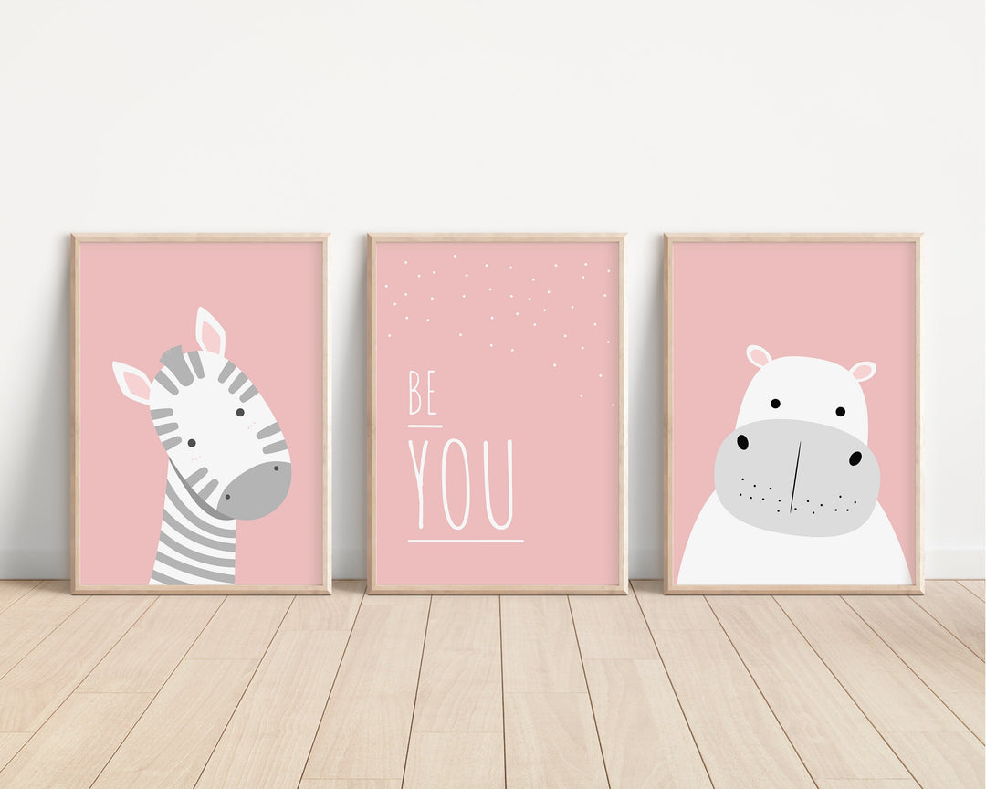 SET OF 3 Be You Prints | Hippo Zebra Safari Cute Scandi Animals Pastel Bedroom Print Kids Children Nursery Bedroom Art Wall