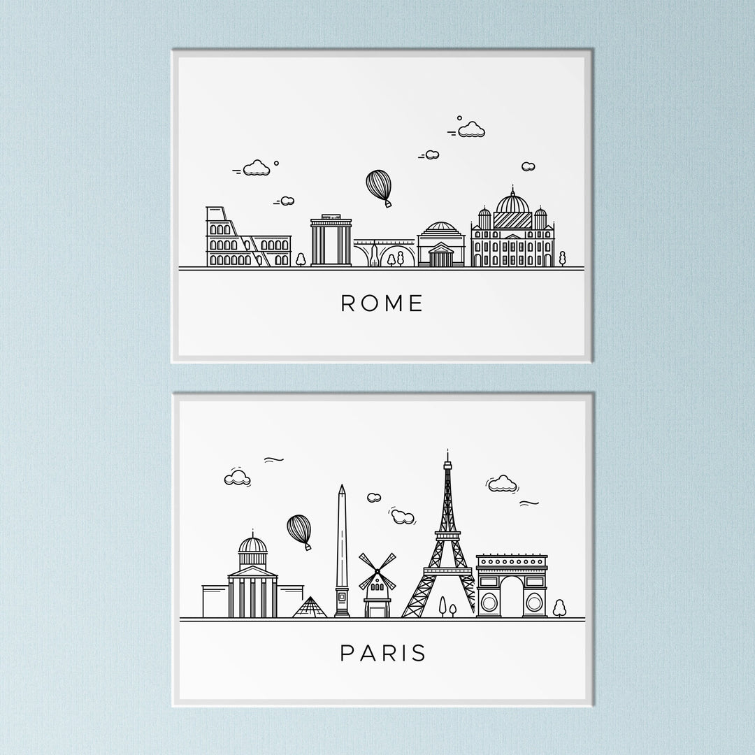 Travel Prints | Monochrome Skyline New York Barcelona Rome Cairo London Sydney Paris Vacay Free Spirit Posters Home Decor Wall Art Tourist