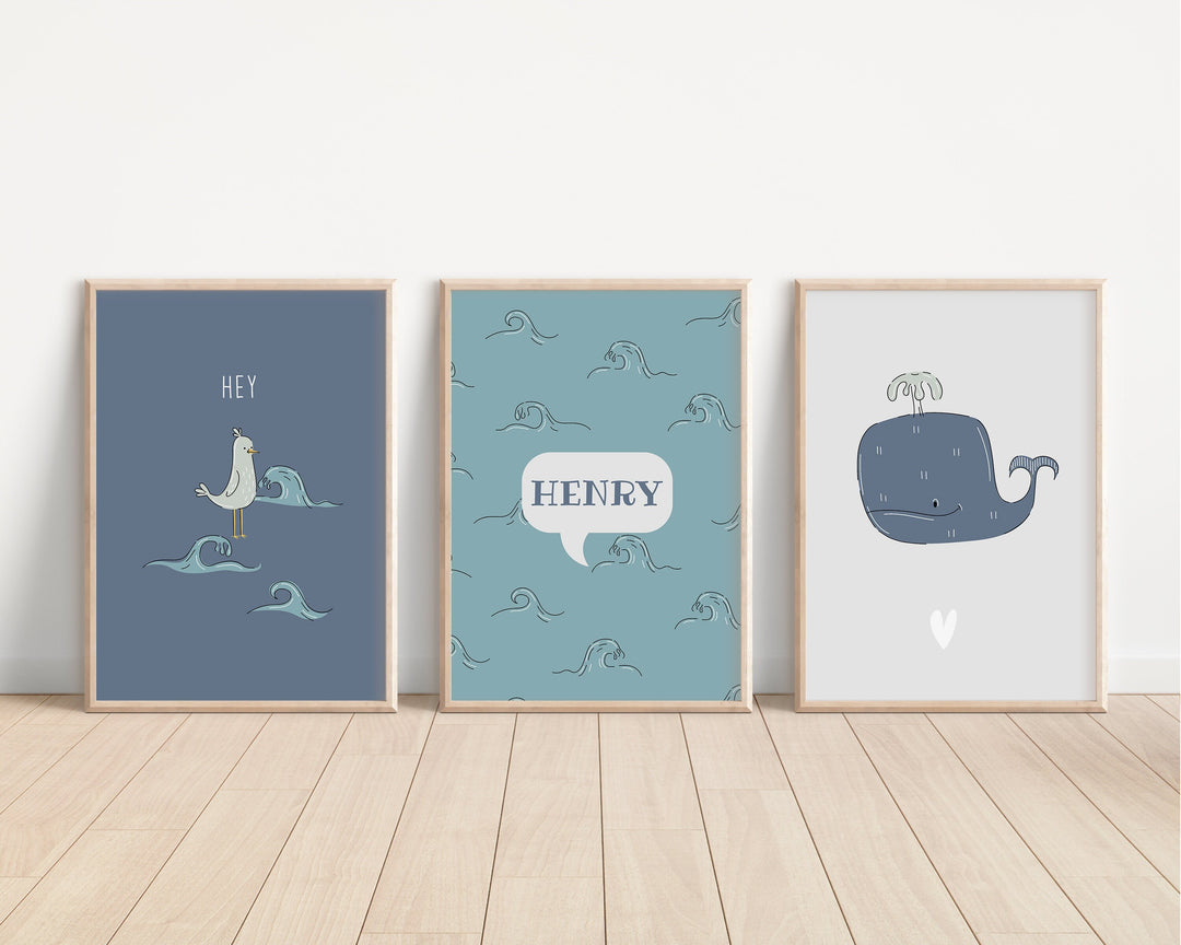 SET OF 3 Nautical Personalised Prints | Seaside Prints | Sailor Bedroom Decor Whale Seagull Ocean Kids Children Nursery Bedroom Art Wall