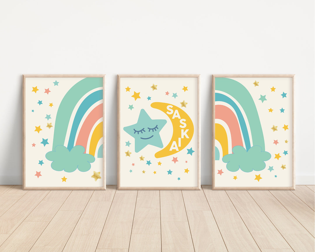 SET OF 3 Rainbow Personalised Prints | Stars Moon Bedtime Happy Cute Scandi Bedroom Print Kids Children Nursery Bedroom Art Wall