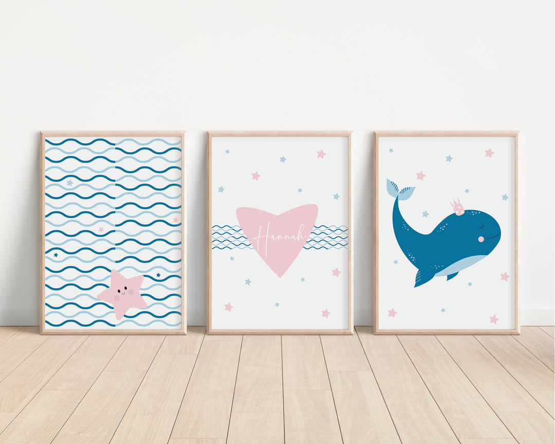 SET OF 3 Princess Whale Personalised Prints | Ocean Marine Starfish Pink Sea Scandi Bedroom Print Kids Children Nursery Bedroom Art Wall