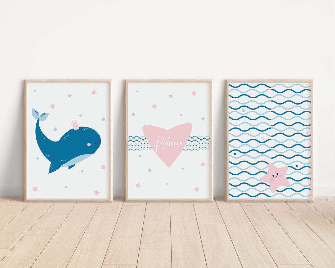 SET OF 3 Princess Whale Personalised Prints | Ocean Marine Starfish Pink Sea Scandi Bedroom Print Kids Children Nursery Bedroom Art Wall