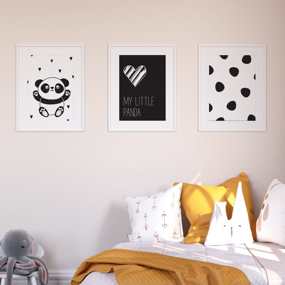 SET OF 3 Panda Prints | My Little Panda Happy Cute Scandi Animal Monochrome Bedroom Print Kids Children Nursery Bedroom Art Wall