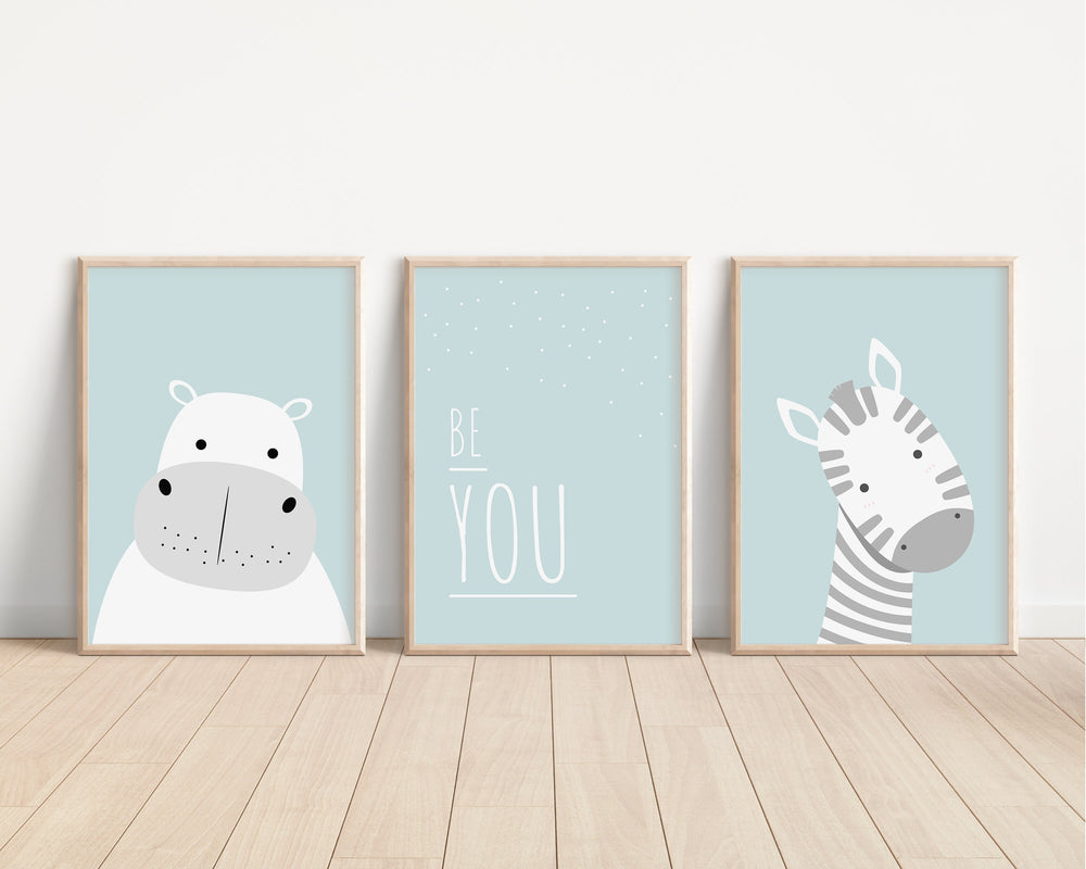 SET OF 3 Be You Prints | Hippo Zebra Safari Cute Scandi Animals Pastel Bedroom Print Kids Children Nursery Bedroom Art Wall