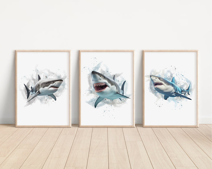 Shark Prints | Great White Bull Tiger Sharks | Watercolour Marine Ocean Life Fish Bedroom Artwork | Kids Nursery Decor Wall Art Newborn Gift